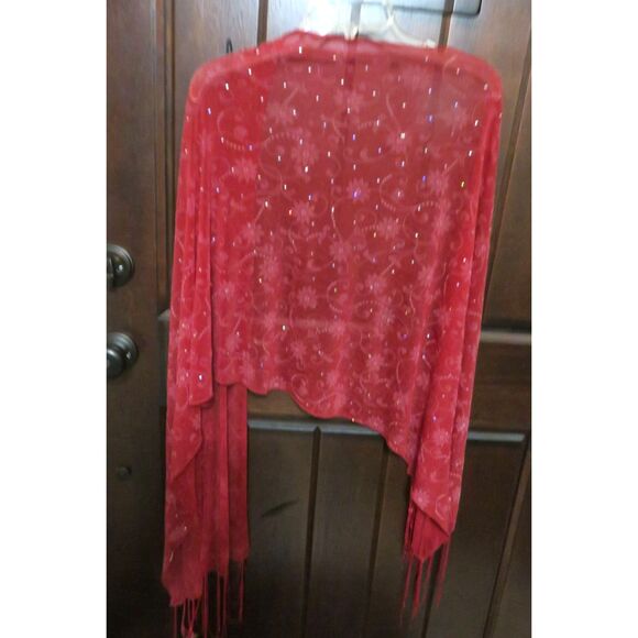 Vintage Red Wine Burgundy Floral Pattern with Sequins Scarf Shawl Wrap Boho - Picture 4 of 4